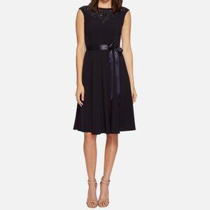 NWT Tahari navy beaded belted A-line flare cocktail dress Women's 8 sleeveless